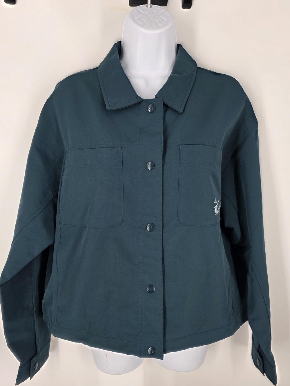 Champion Women's L Teal Nylon Cropped Coach Jacket Snap Front Embroidered Back